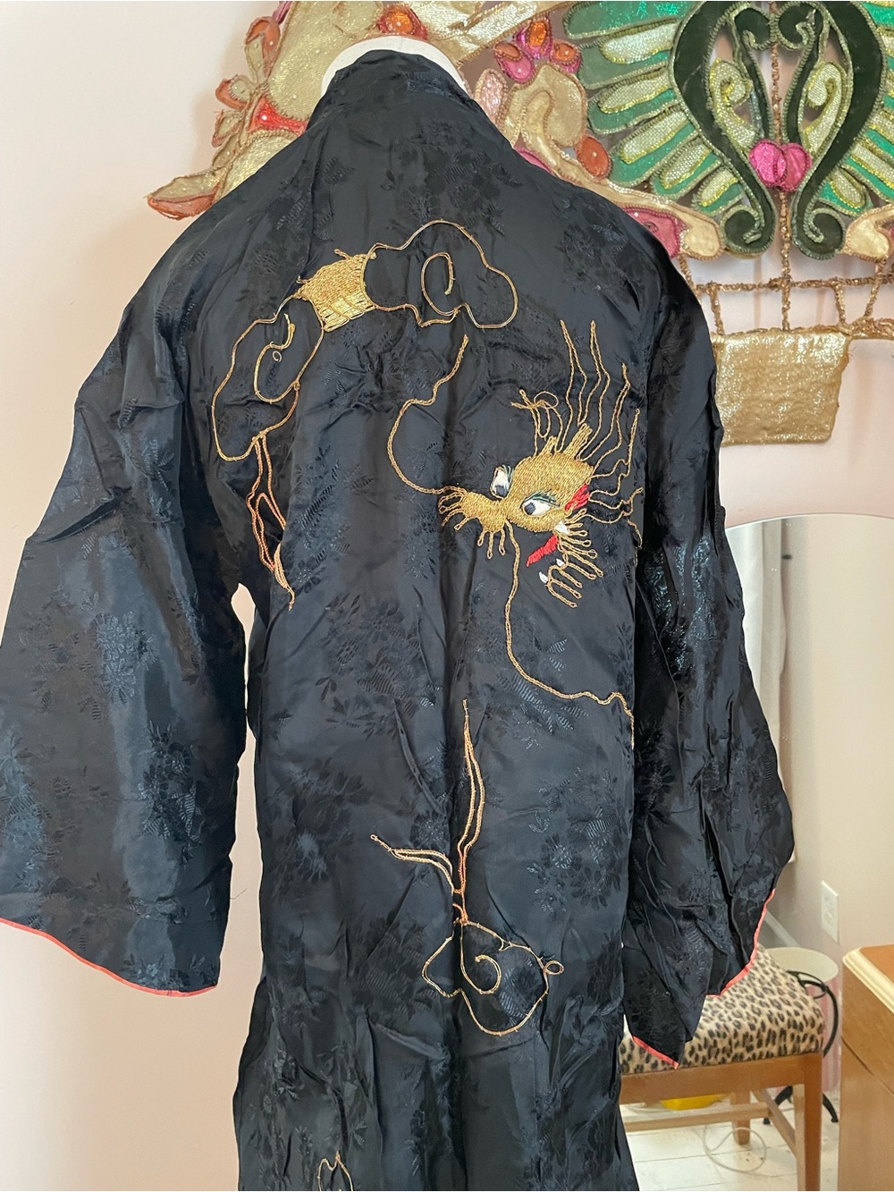 Vintage Black Embroidered Kimono Robe with Gold Dragon Motif